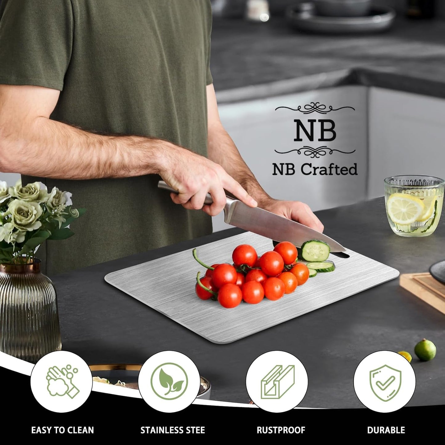 NB Crafted Stainless Steel Chopping Board for Kitchen - Non Slip Heavy-Duty Cutting Board for Vegetables, Fruits and Meats Cutter, Rust Proof, Round Edge Size - 31 x 20 (Pack of 1)