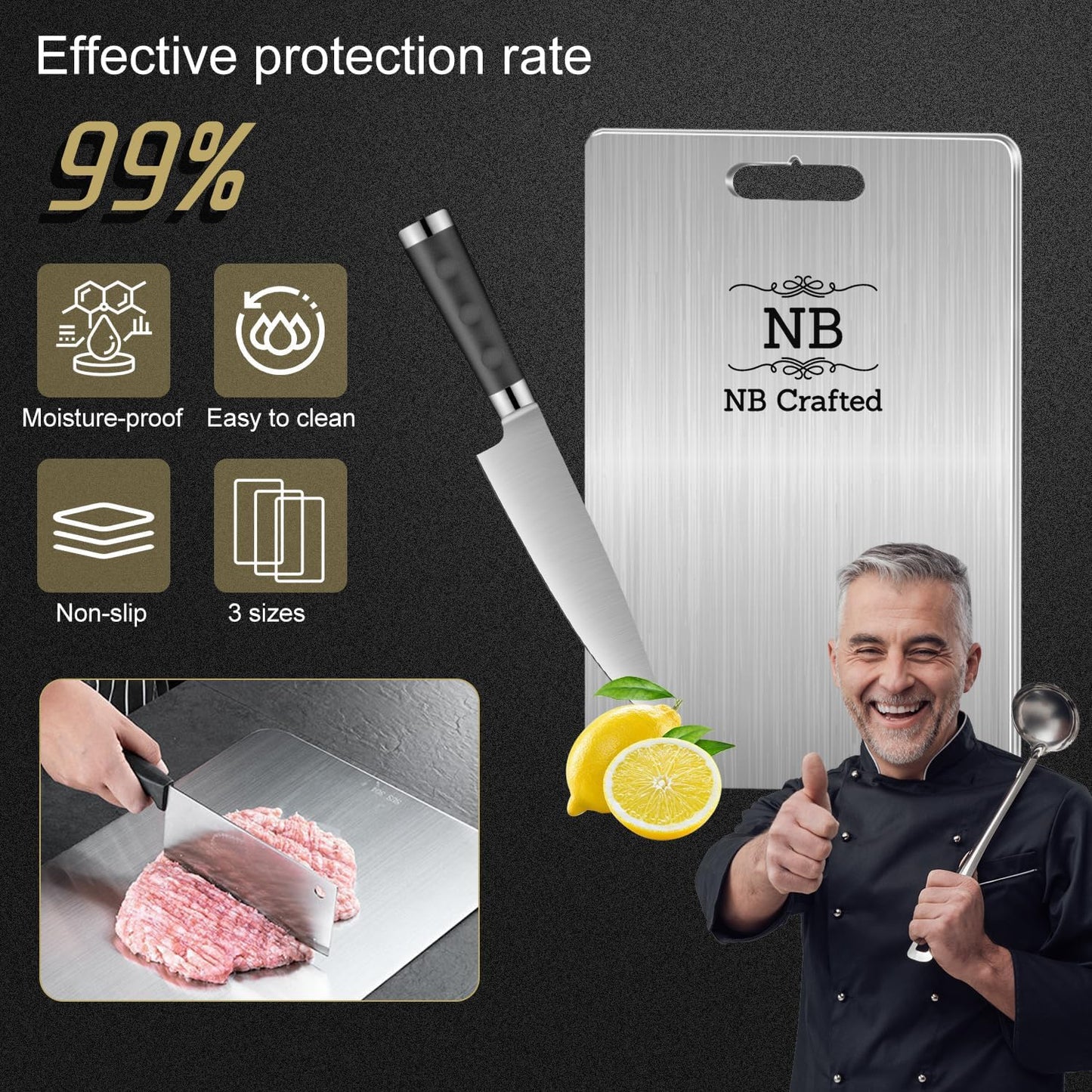 NB Crafted Stainless Steel Chopping Board for Kitchen - Non Slip Heavy-Duty Cutting Board for Vegetables, Fruits and Meats Cutter, Round Edge Combo Pack Size - 35 x 25 cm and 31 x 20 cm