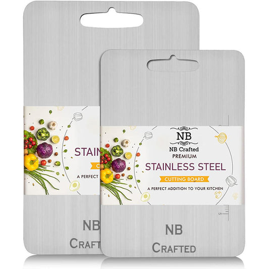 NB Crafted Stainless Steel Chopping Board for Kitchen - Non Slip Heavy-Duty Cutting Board for Vegetables, Fruits and Meats Cutter, Round Edge Combo Pack Size - 35 x 25 cm and 31 x 20 cm